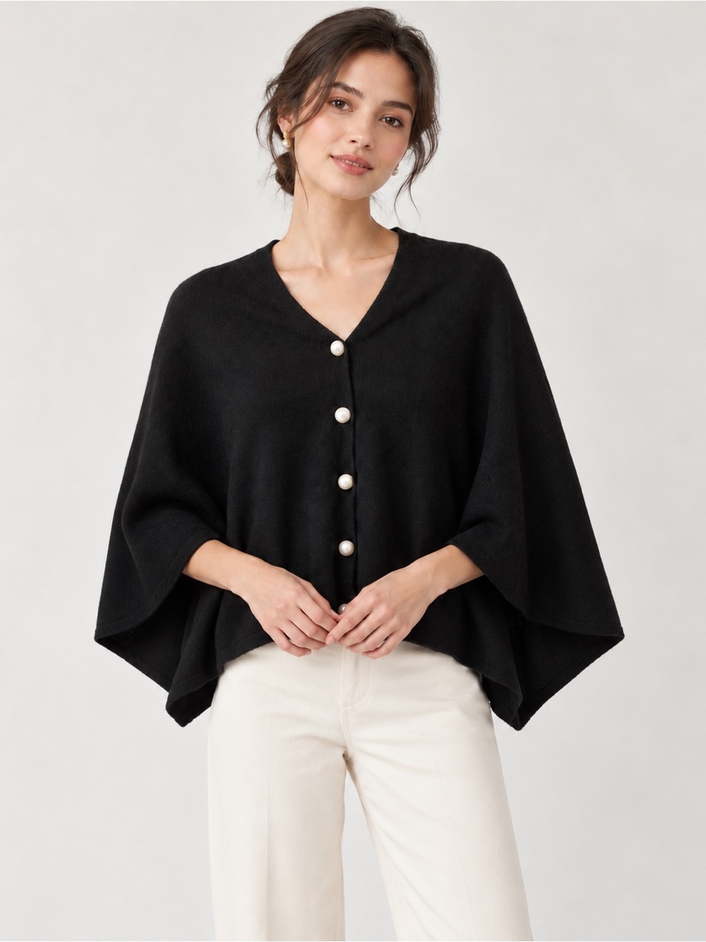 Cashmere Black Poncho Cape Cardigan Faux Pearl Buttons Luxury Wrap from 525 Ame